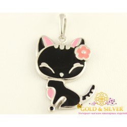 Серебряный подвес 925 проба. Подвес Котик, с черной эмалью. 3621e
